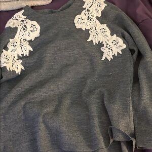 Gray Sweater with White Lace Accents